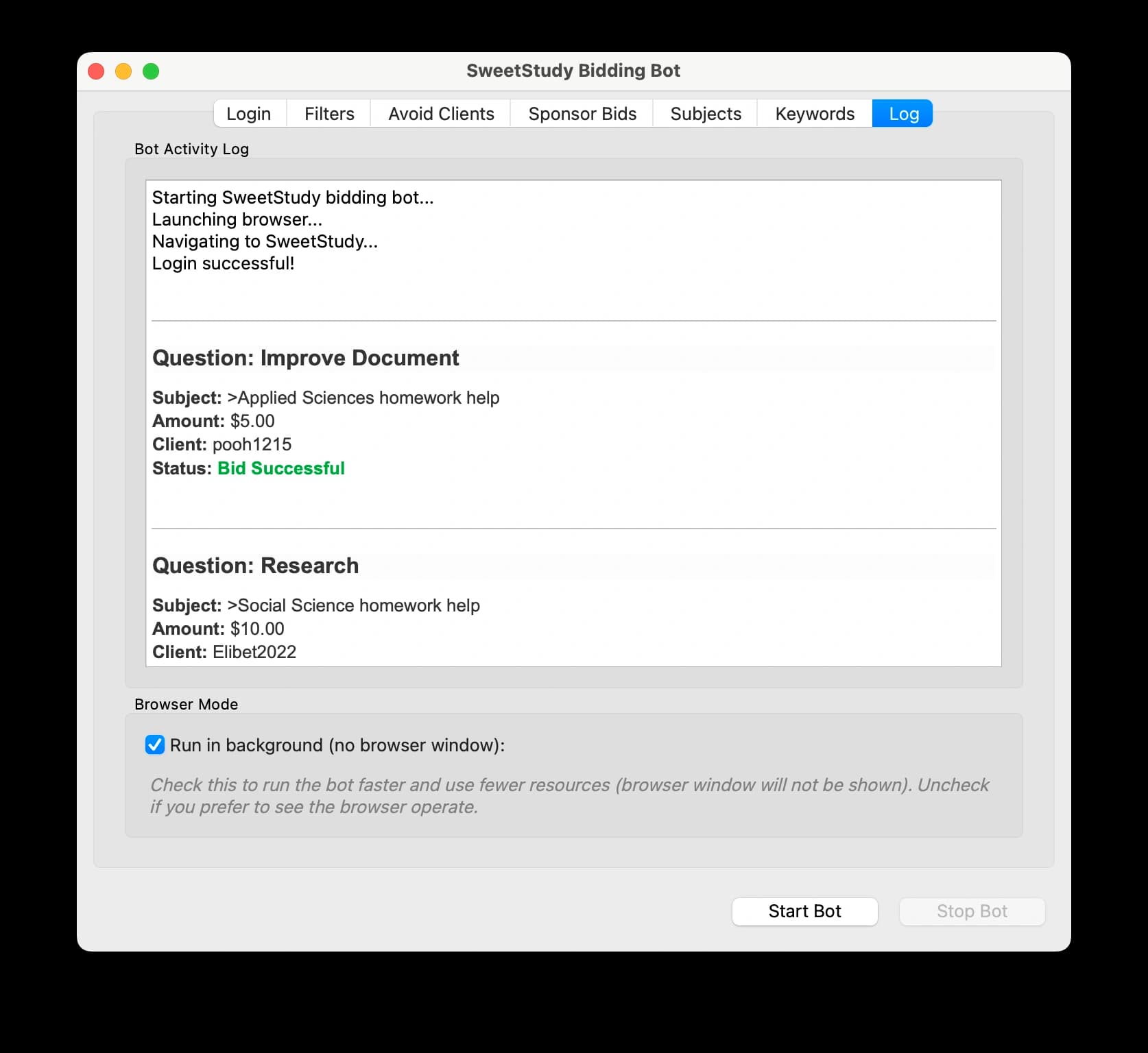 A screenshot of the SweetStudy Bidding Bot's activity log, which shows a history of processed and bid-on questions.
