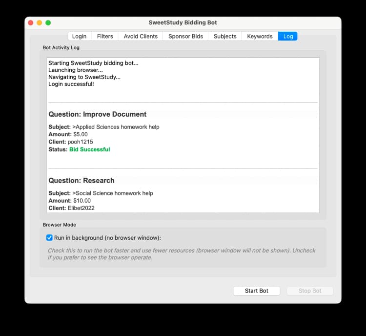 Step 2: Activate the bot and view its activity in the real-time log tab.