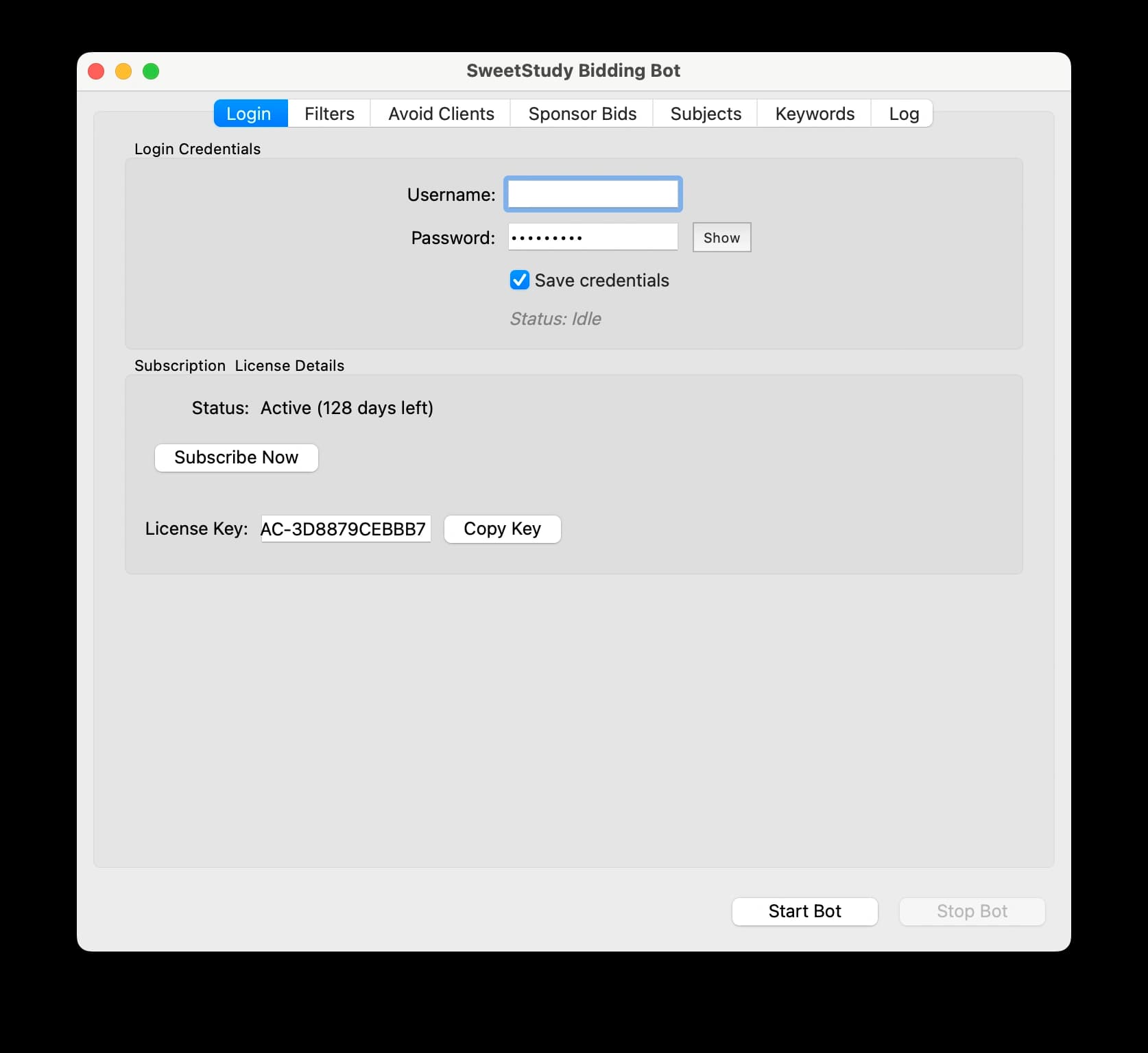 A screenshot of the SweetStudy Bidding Bot's login tab, highlighting secure credential and license key handling.