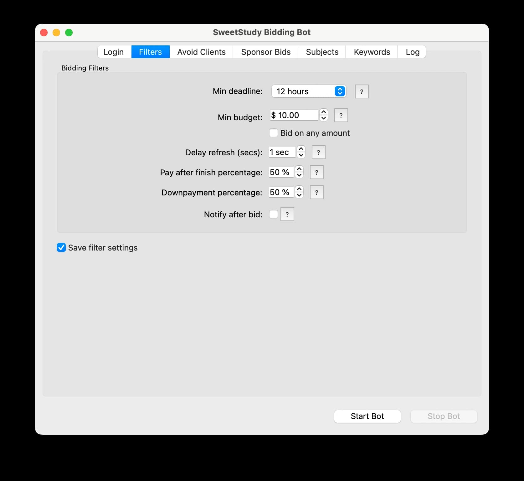 A screenshot of the SweetStudy Bidding Bot's main filters tab, with controls for minimum deadline and budget.