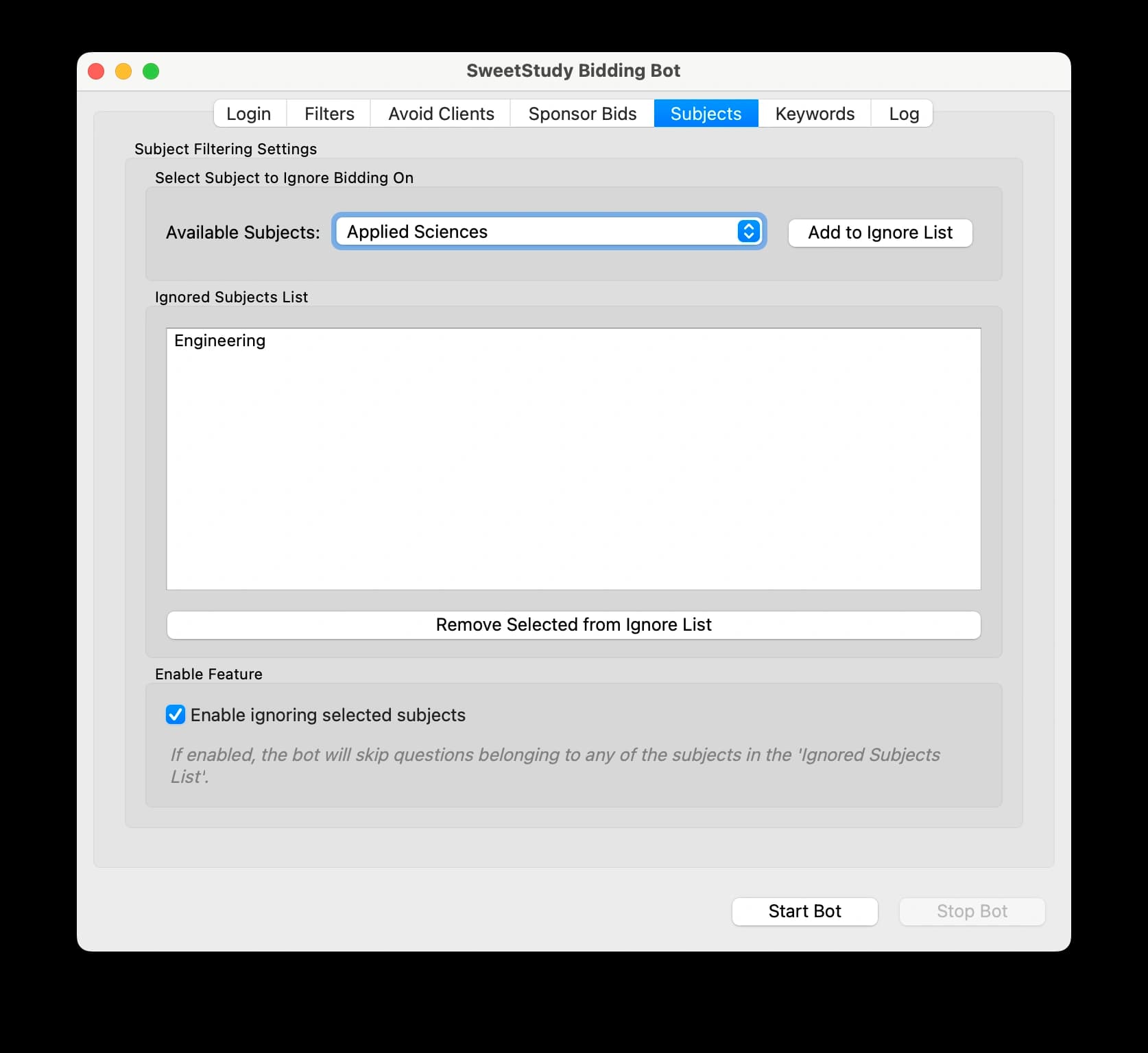 A screenshot of the SweetStudy Bidding Bot's subject filtering tab, allowing users to ignore specific academic subjects.