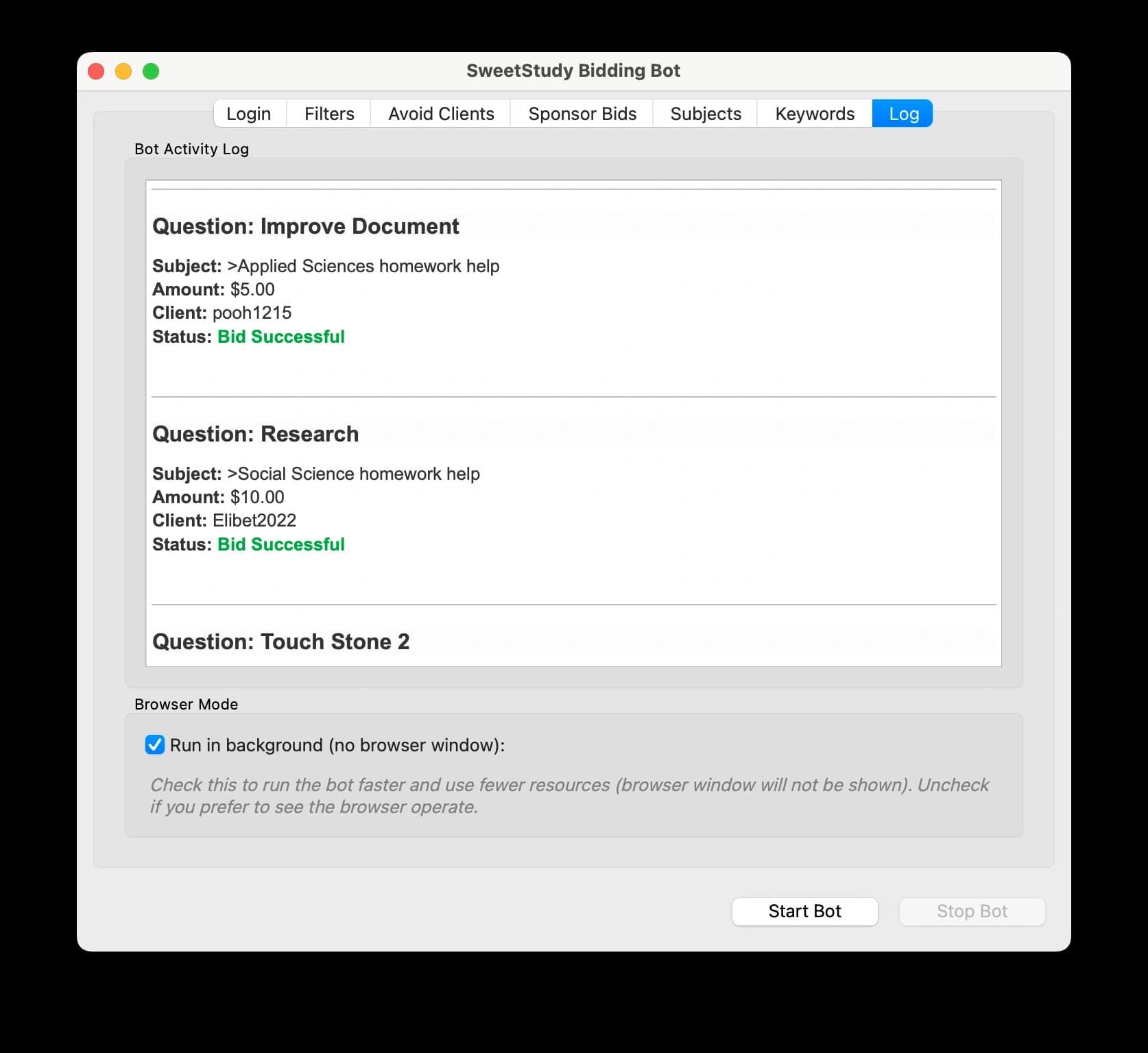 A screenshot of the SweetStudy Bidding Bot's log tab, highlighting the checkbox to enable headless (background) mode.