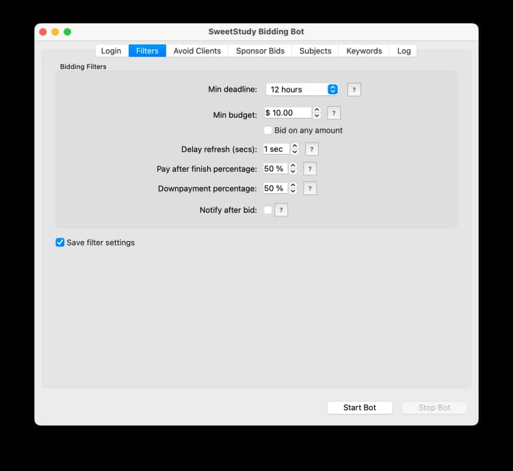 Step 1: Configure the SweetStudy Bot's main filters for budget and deadline.