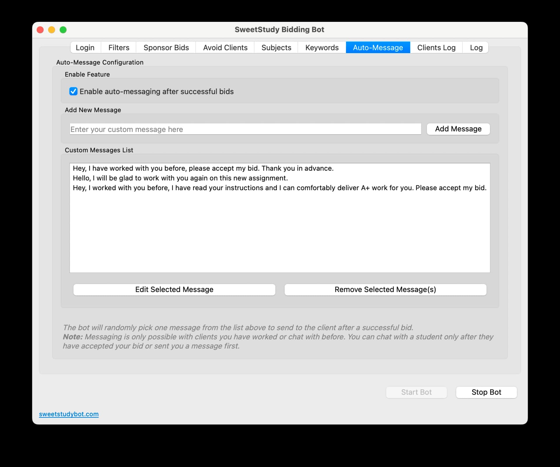 A screenshot of the SweetStudy Bidding Bot's auto-messaging tab, showing a list of custom messages.